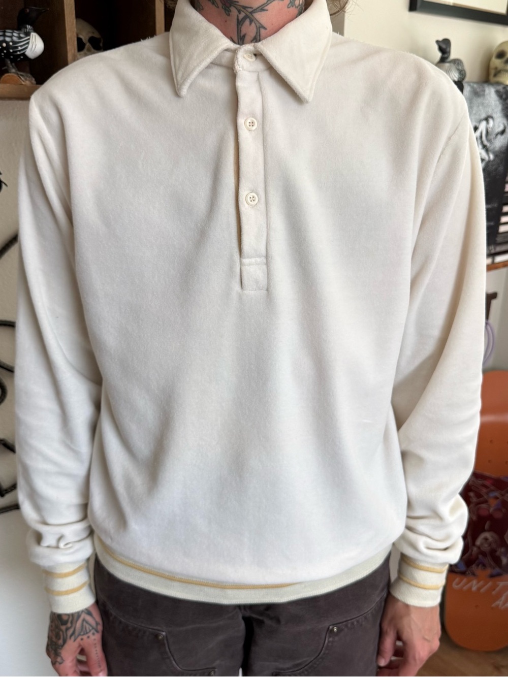 Vintage 70s 80s Velour Off White Long Sleeve Polo ~ Size Medium